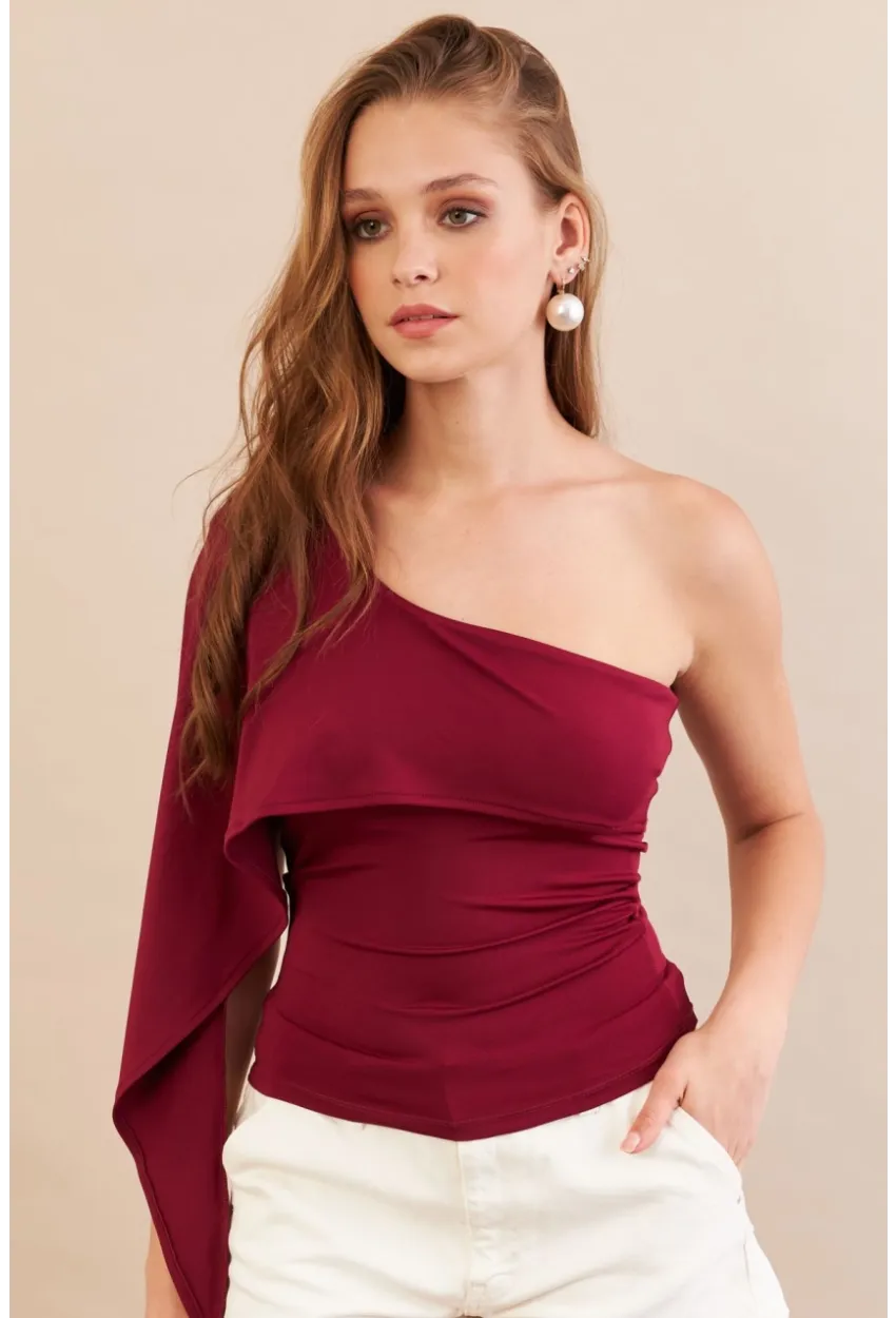 Kadın Bordo Tek Omuz Bluz AN6015