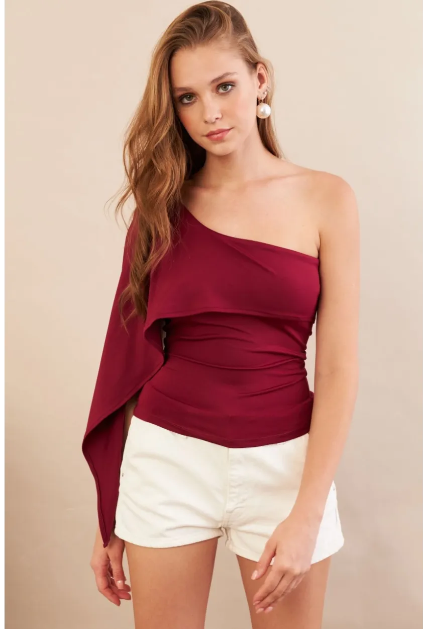 Kadın Bordo Tek Omuz Bluz AN6015