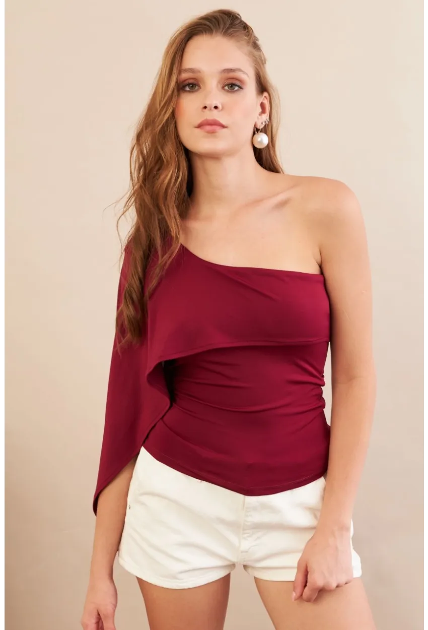 Kadın Bordo Tek Omuz Bluz AN6015