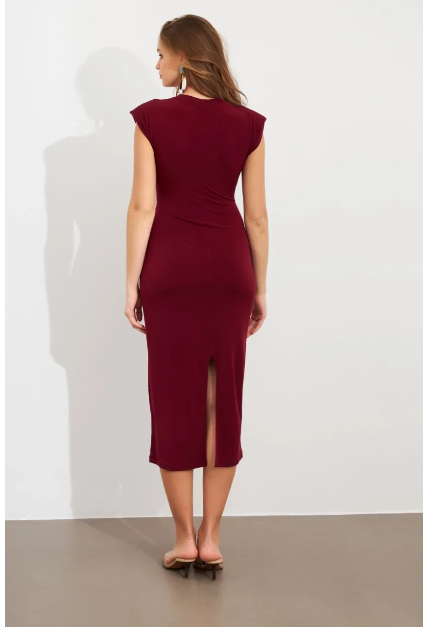 Kadın Bordo Vatkalı Kuşaklı Midi Elbise UG713