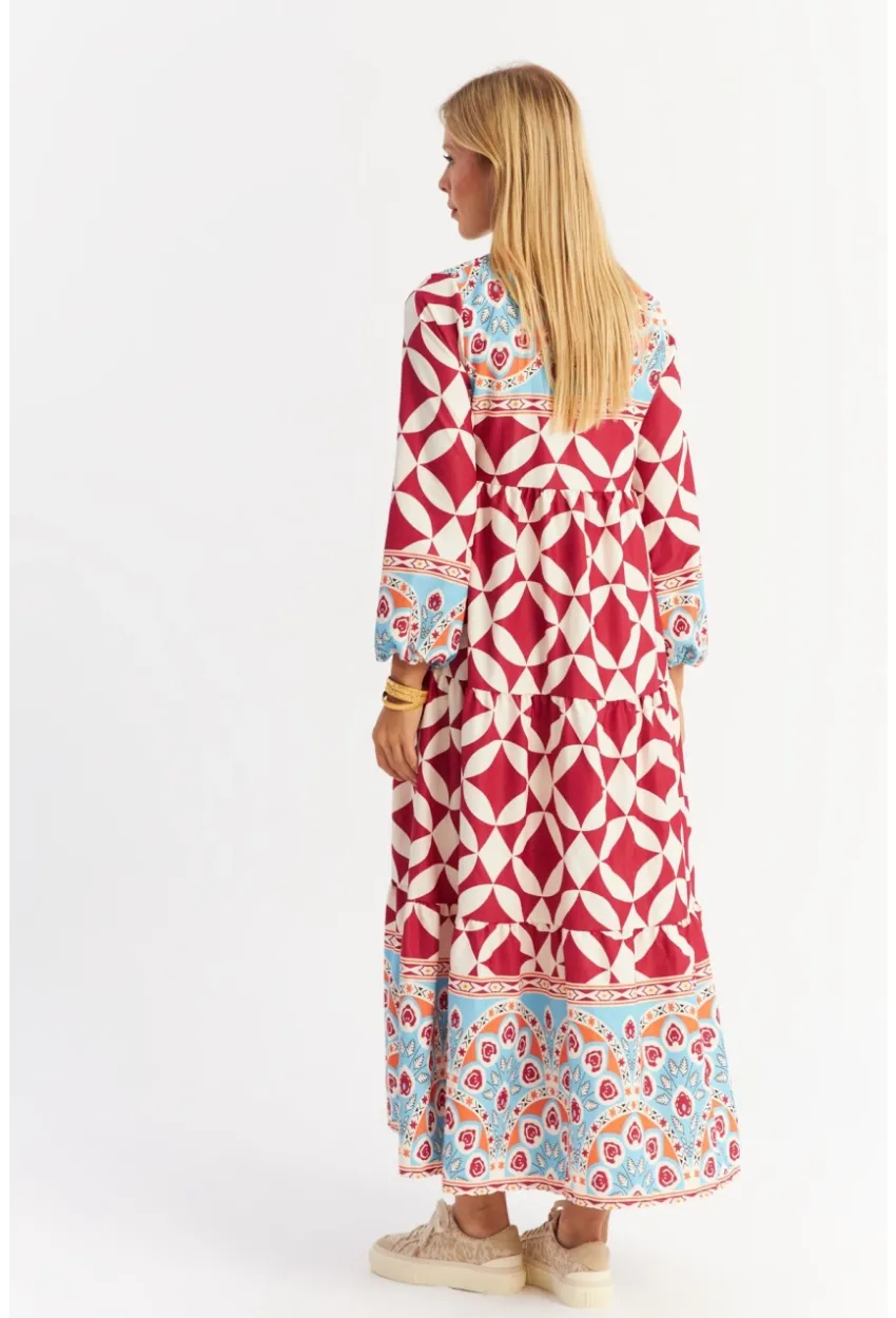 Kadın Bordo Volanlı Desenli Maxi Elbise MYLE14