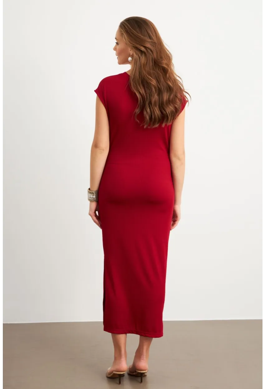 Kadın Bordo Yanları Büzgülü Midi Elbise MK35