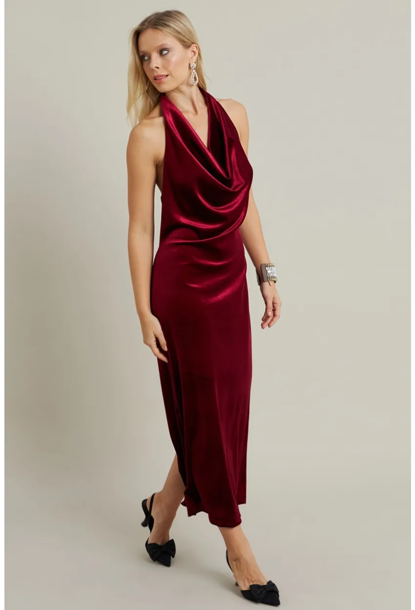 Kadın Bordo Yılbaşı Degaje Yaka Uzun Elbise GÇ197