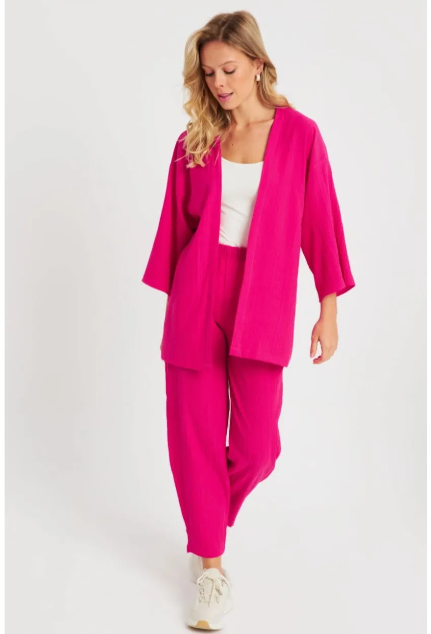 Kadın Bürümcük Kimono Takım Fuşya Q983