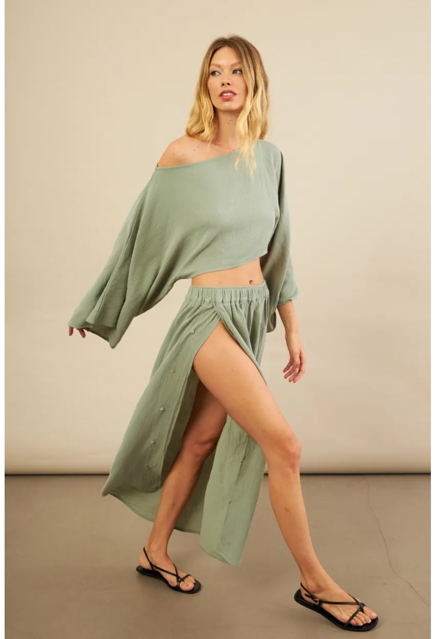 Kadın Çağla Yarasa Kol Crop Müslin Etek Takım BTY104