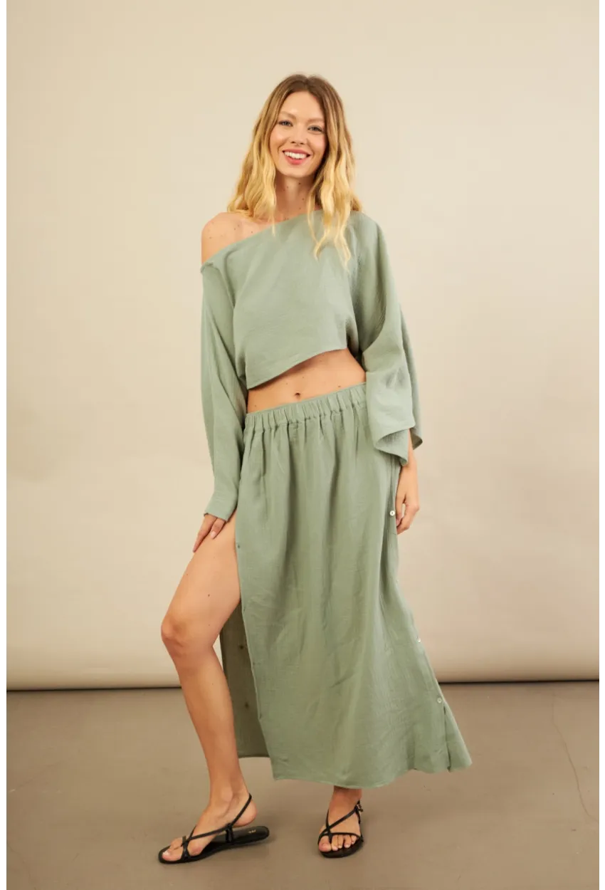 Kadın Çağla Yarasa Kol Crop Müslin Etek Takım BTY104