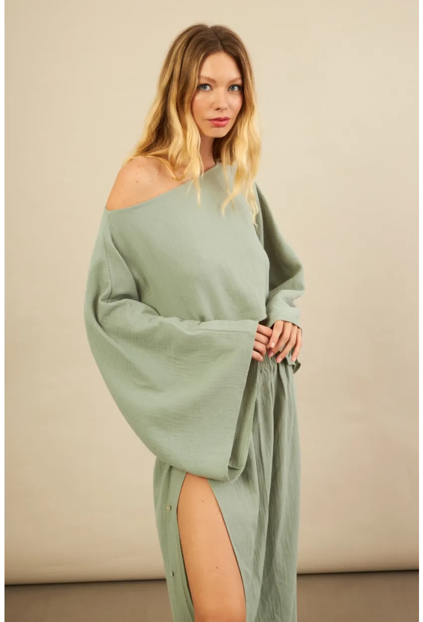 Kadın Çağla Yarasa Kol Crop Müslin Etek Takım BTY104