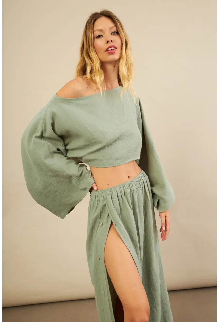 Kadın Çağla Yarasa Kol Crop Müslin Etek Takım BTY104