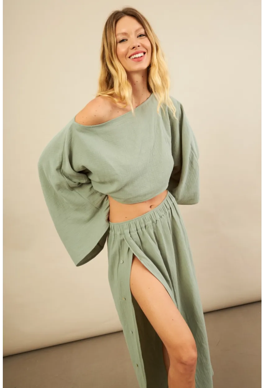 Kadın Çağla Yarasa Kol Crop Müslin Etek Takım BTY104