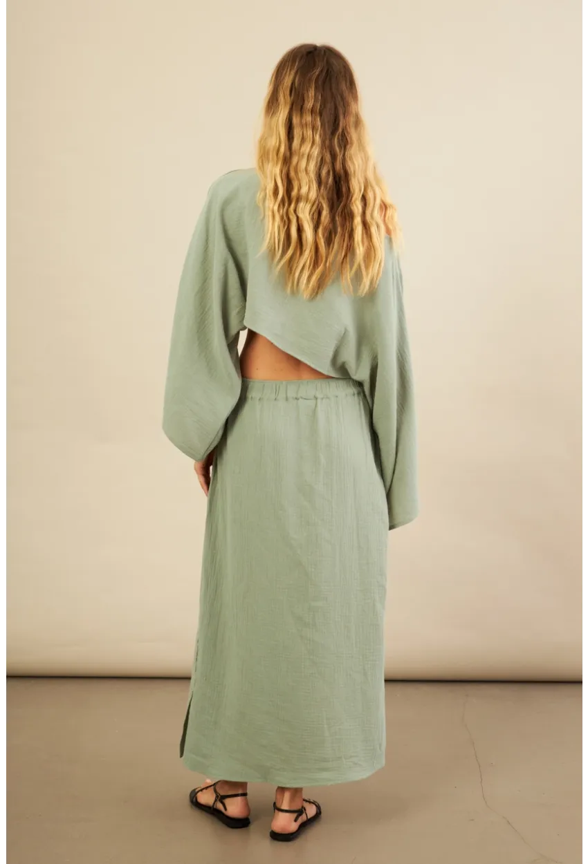 Kadın Çağla Yarasa Kol Crop Müslin Etek Takım BTY104