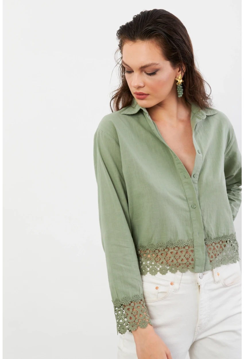 Kadın Çağla Yeşili Güpürlü Gömlek MPC030