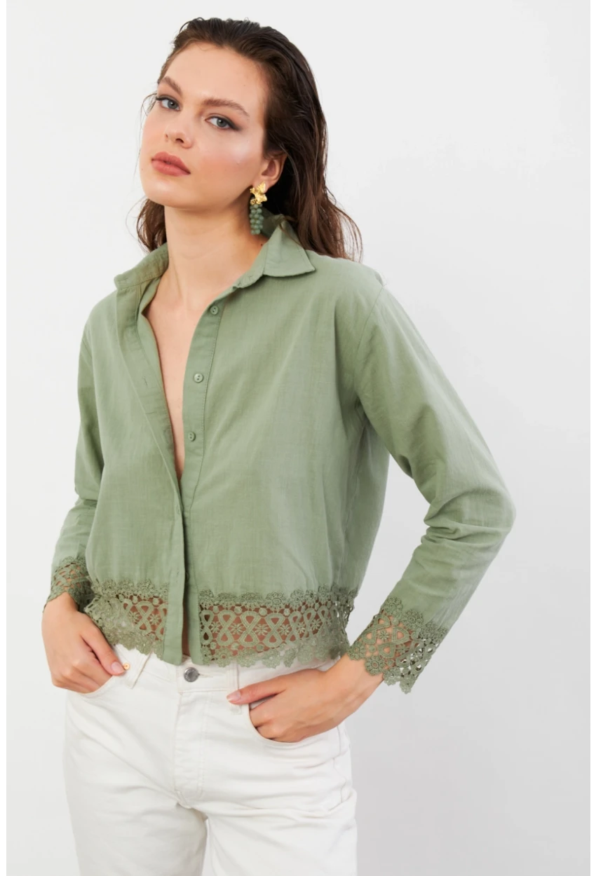 Kadın Çağla Yeşili Güpürlü Gömlek MPC030