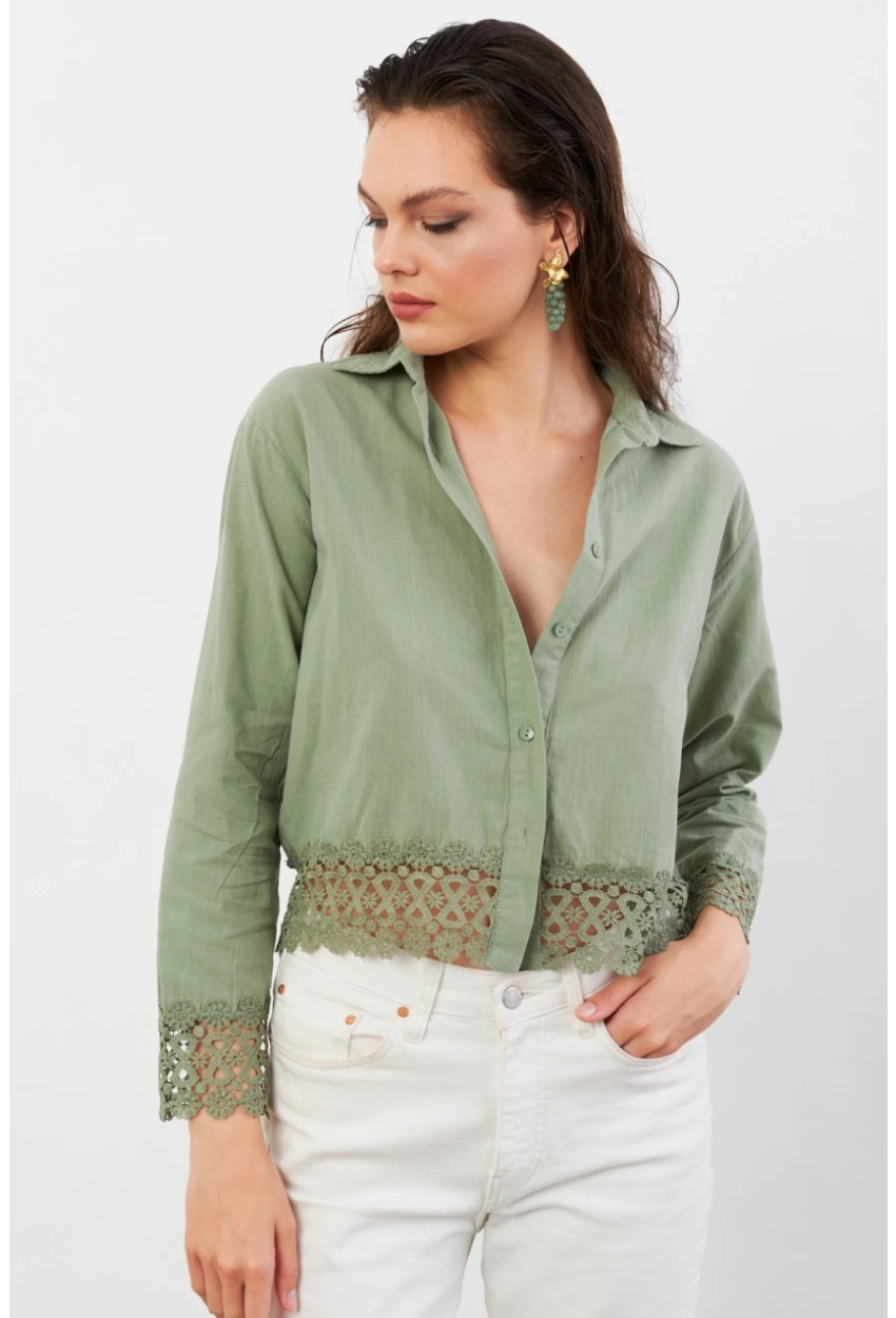 Kadın Çağla Yeşili Güpürlü Gömlek MPC030