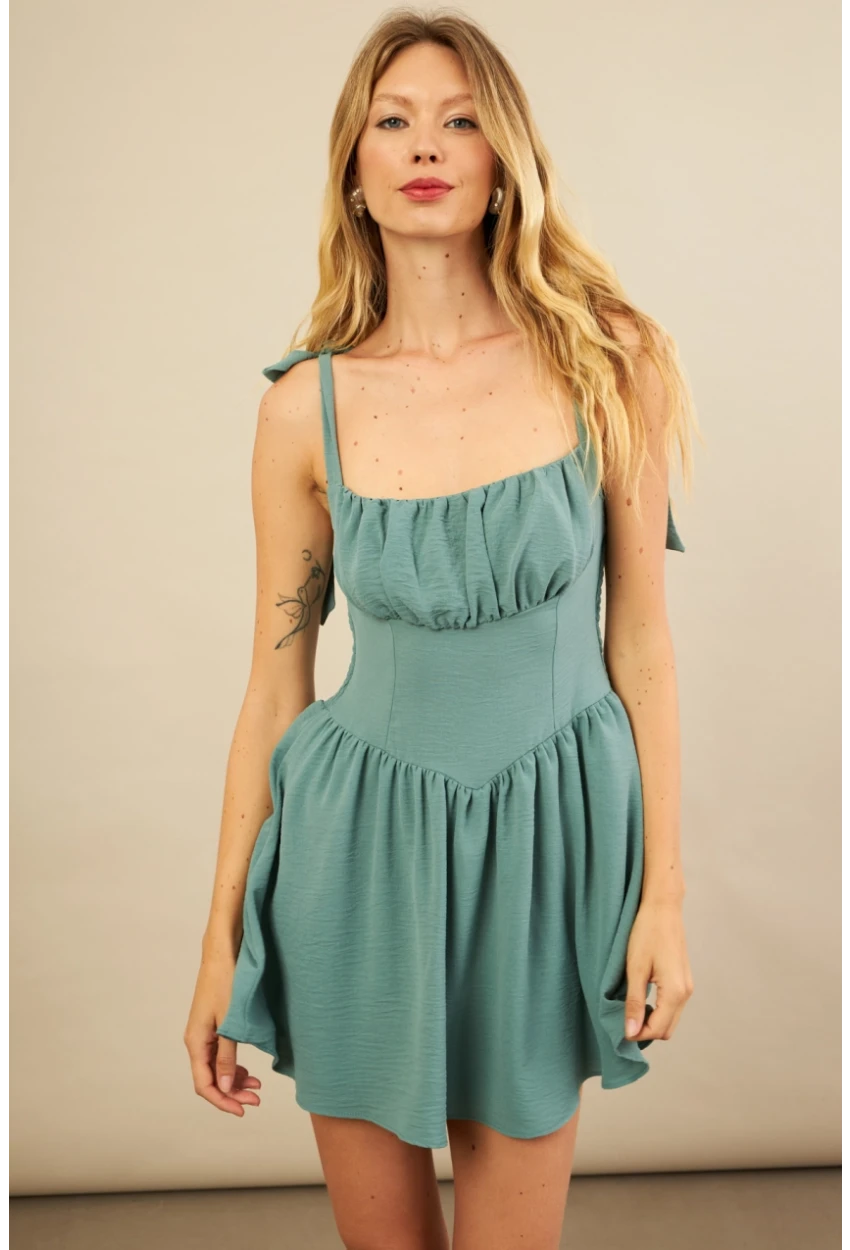 Kadın Çağla Yeşili Sırtı Gipeli Mini Elbise YEL221688