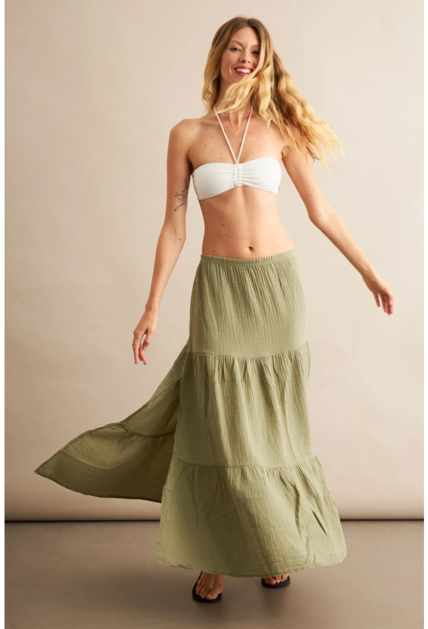 Kadın Çağla Yeşili Yırtmaçlı Müslin Etek ÖM7016