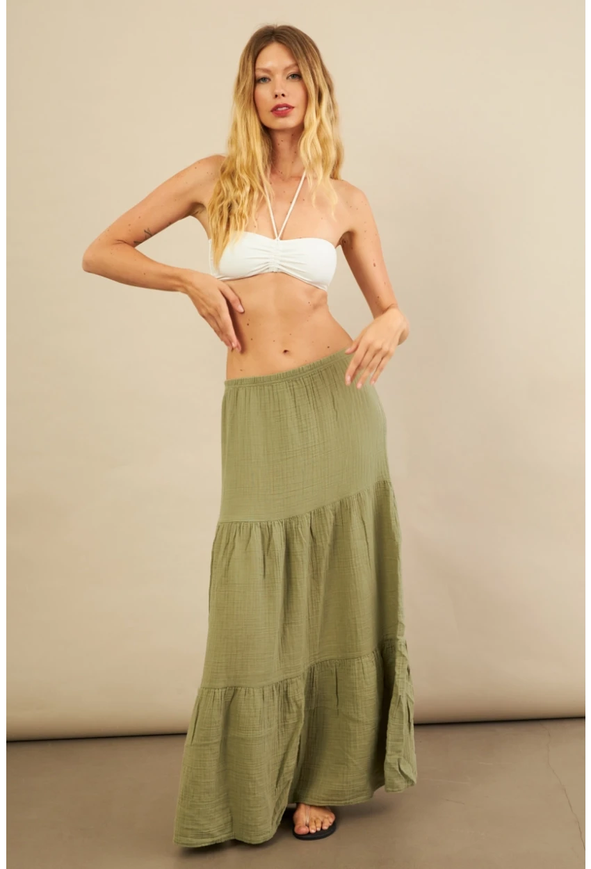 Kadın Çağla Yeşili Yırtmaçlı Müslin Etek ÖM7016
