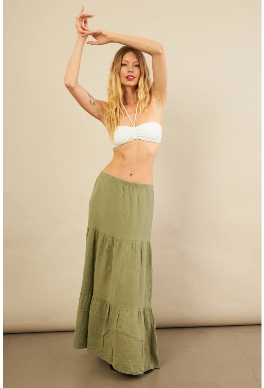Kadın Çağla Yeşili Yırtmaçlı Müslin Etek ÖM7016
