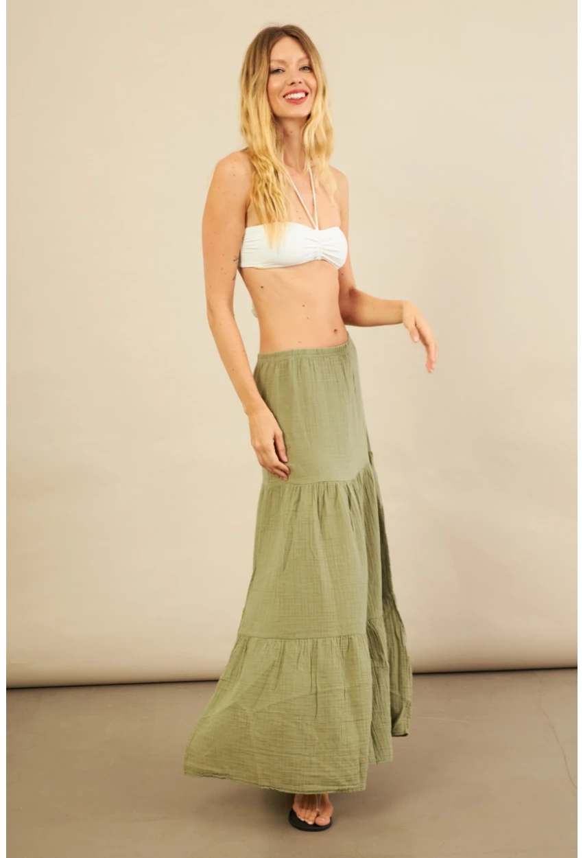 Kadın Çağla Yeşili Yırtmaçlı Müslin Etek ÖM7016