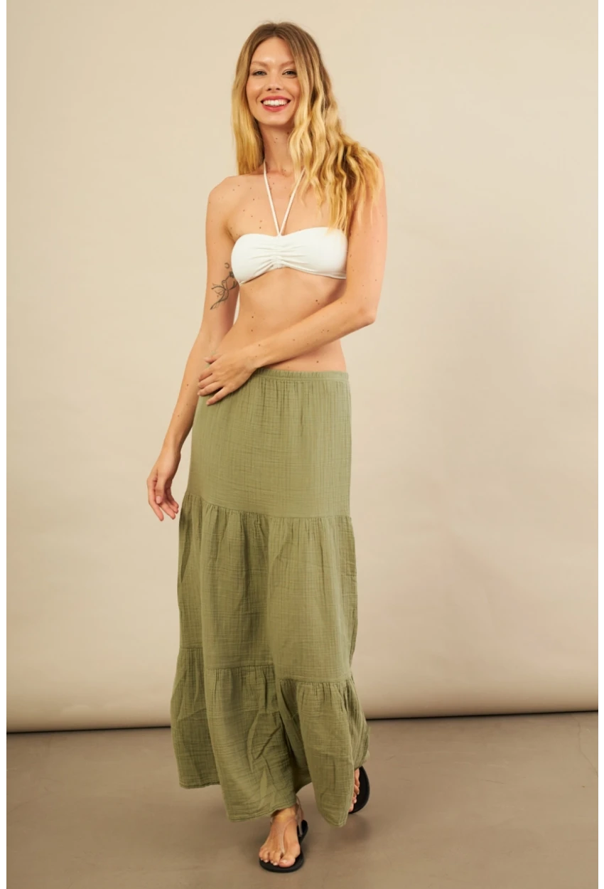 Kadın Çağla Yeşili Yırtmaçlı Müslin Etek ÖM7016