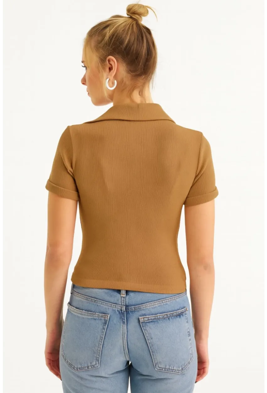 Kadın Camel Aksesuarlı Crop Bluz COL3008