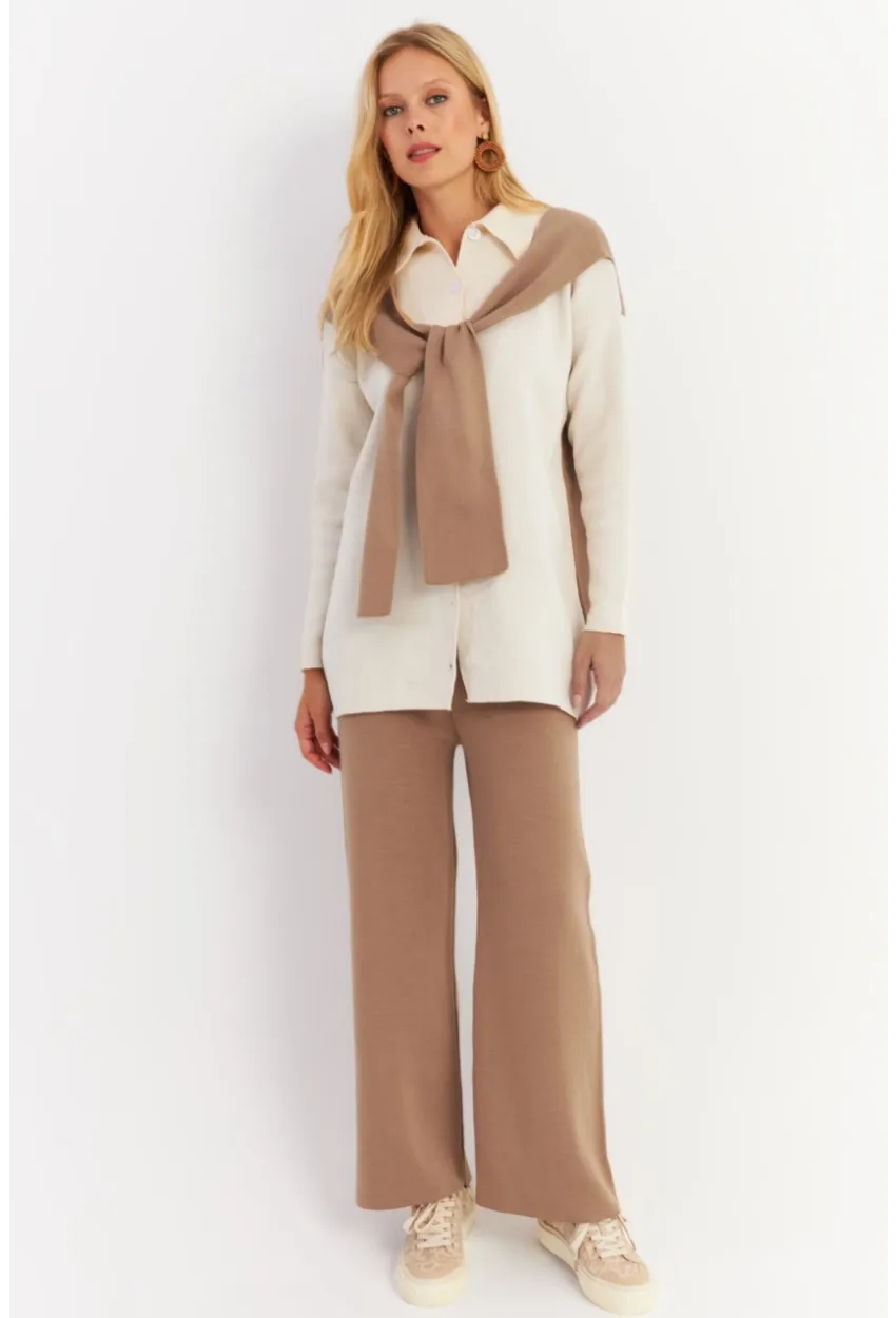 Kadın Camel Atkılı Triko Hırka Alt Üst Takım NUV20