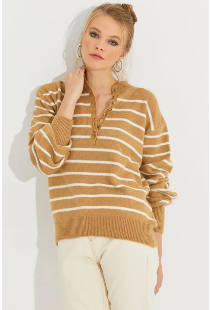 Kadın Camel Çizgili Triko Kazak SMT219