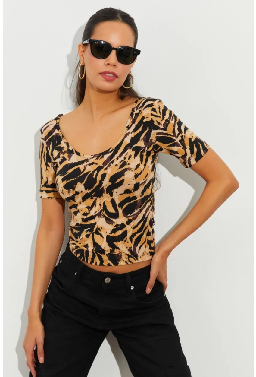 Kadın Camel Desenli Bluz LPP1224