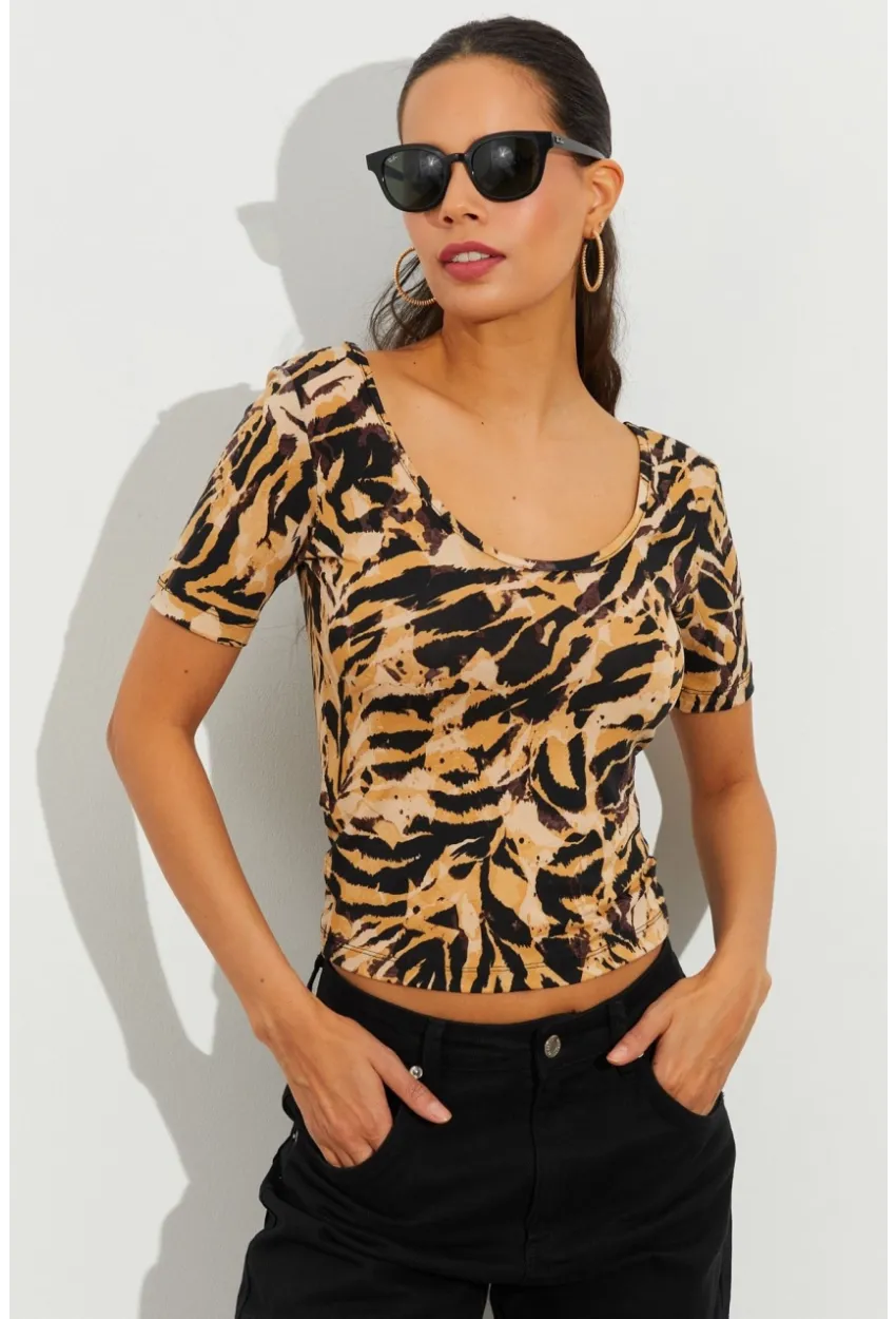 Kadın Camel Desenli Bluz LPP1224