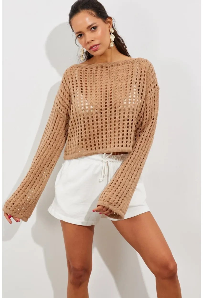 Kadın Camel İspanyol Kol Ajurlu Triko Kısa Bluz SMT181