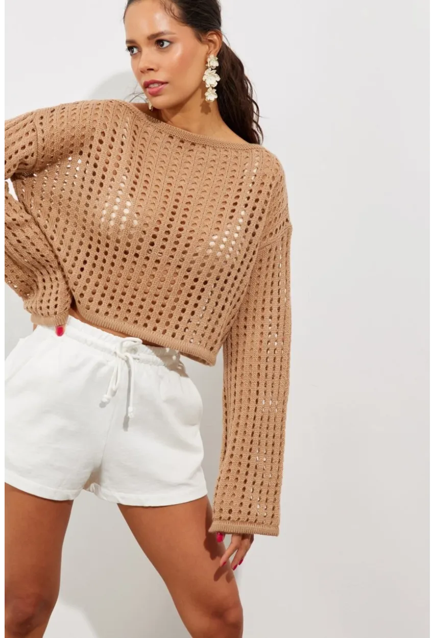 Kadın Camel İspanyol Kol Ajurlu Triko Kısa Bluz SMT181