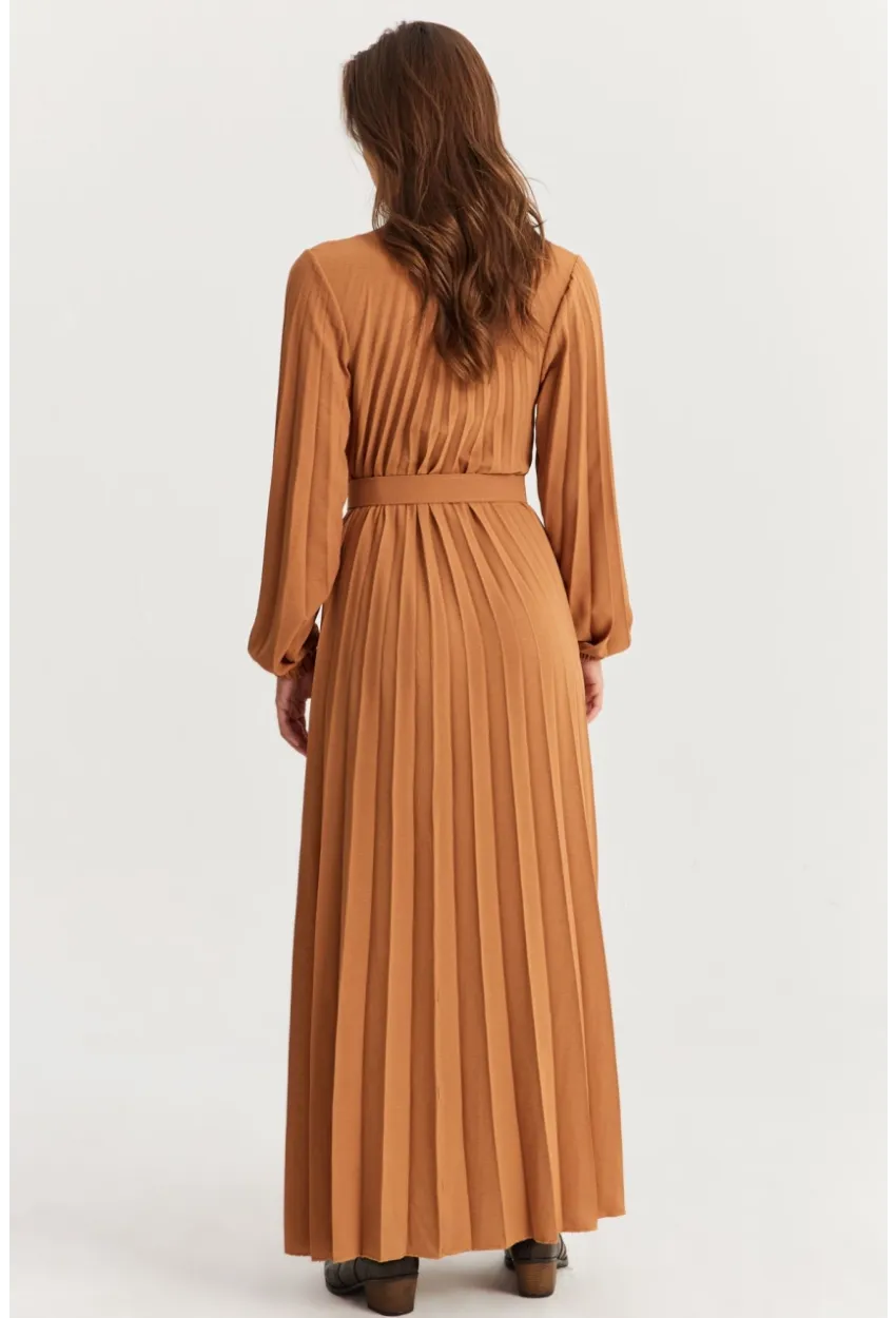 Kadın Camel Kemerli Plili Maxi Elbise ALZ500