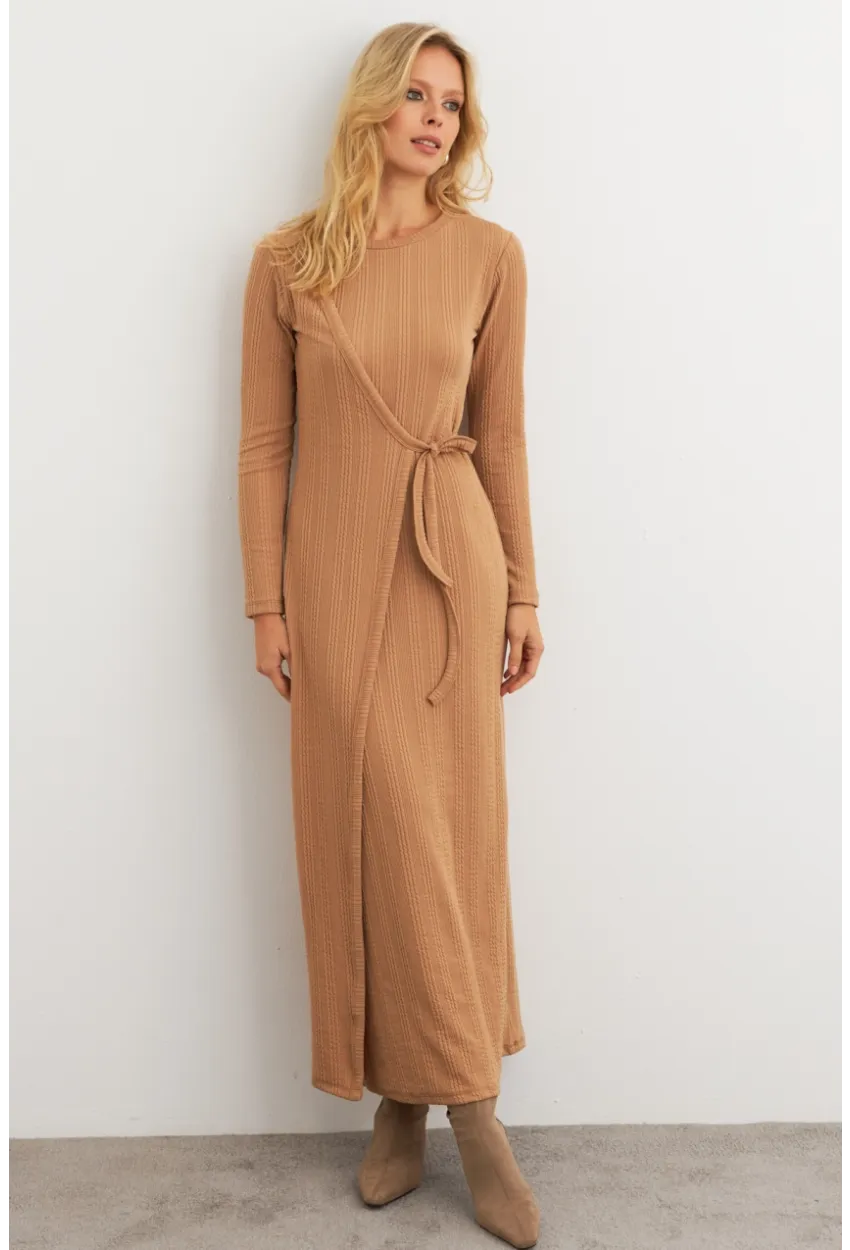 Kadın Camel Kruvaze Maxi Elbise COL31
