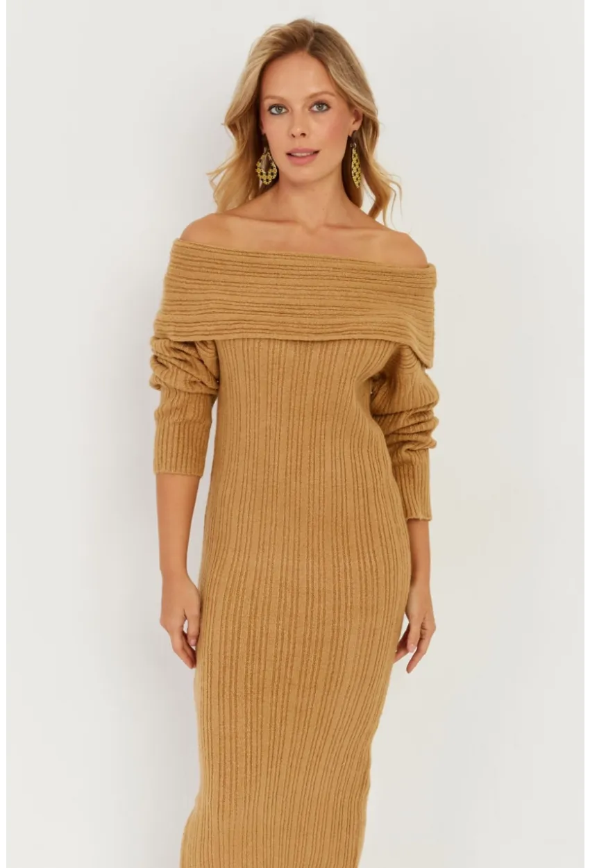 Kadın Camel Madonna Yaka Triko Midi Elbise KZ2503