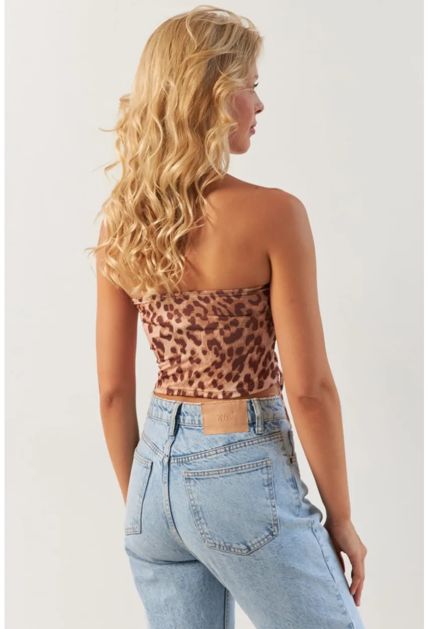 Kadın Camel Önü Büzgülü Leopar Crop Bluz MON137