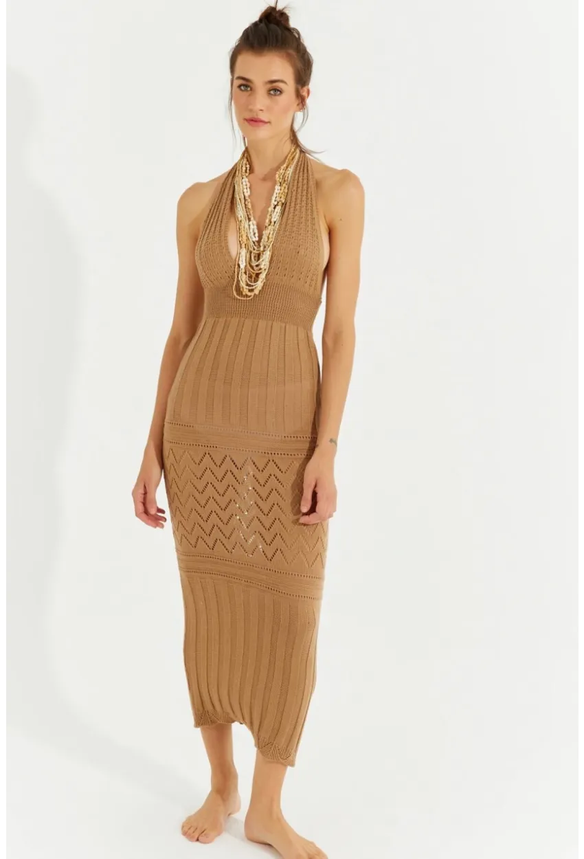 Kadın Camel Sırtı Açık Triko Maxi Elbise SF2505