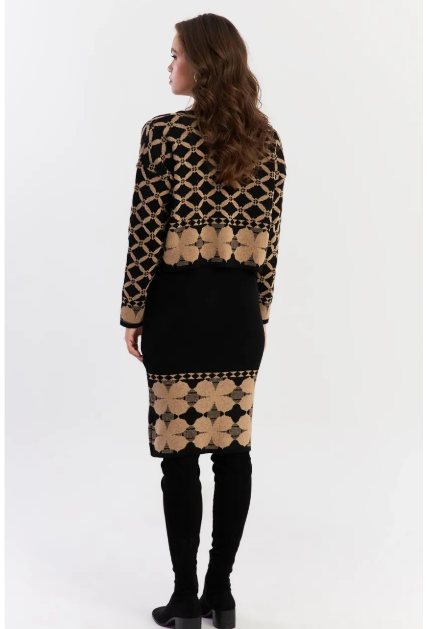 Kadın Camel-Siyah Alt Üst Triko Desenli Takım NUV2028
