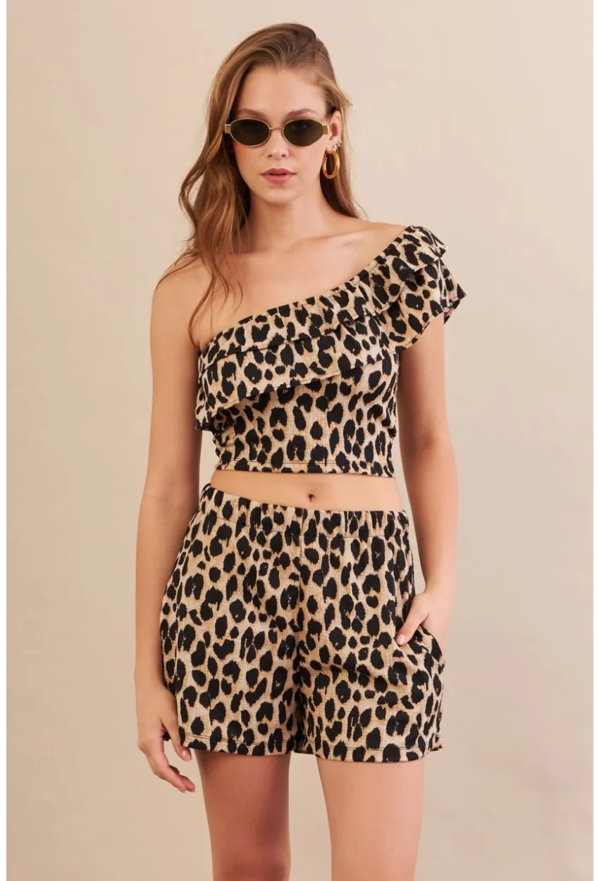 Kadın Camel-Siyah Desenli Crop Şort Takım EV100