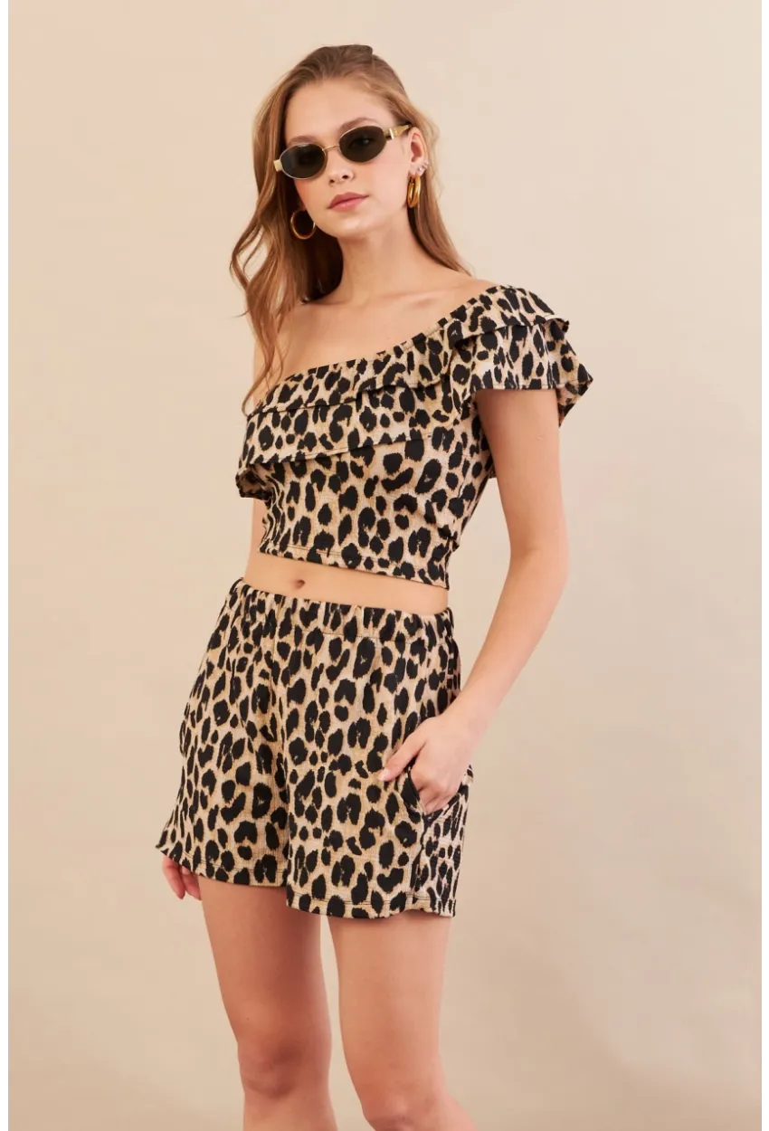 Kadın Camel-Siyah Desenli Crop Şort Takım EV100