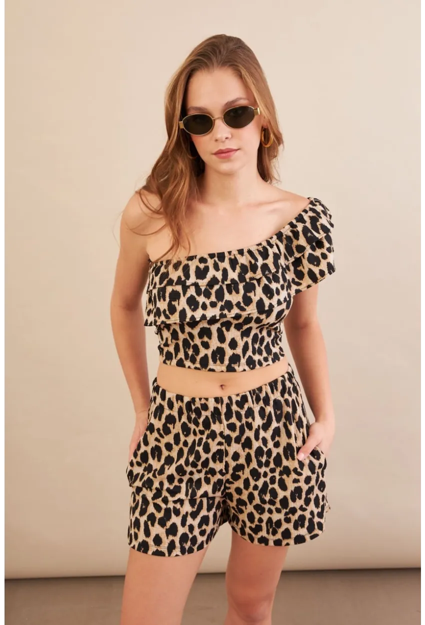 Kadın Camel-Siyah Desenli Crop Şort Takım EV100