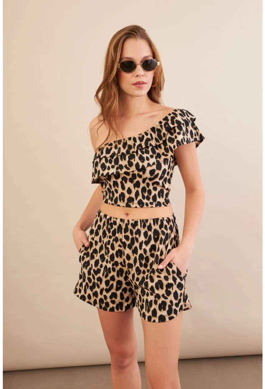 Kadın Camel-Siyah Desenli Crop Şort Takım EV100