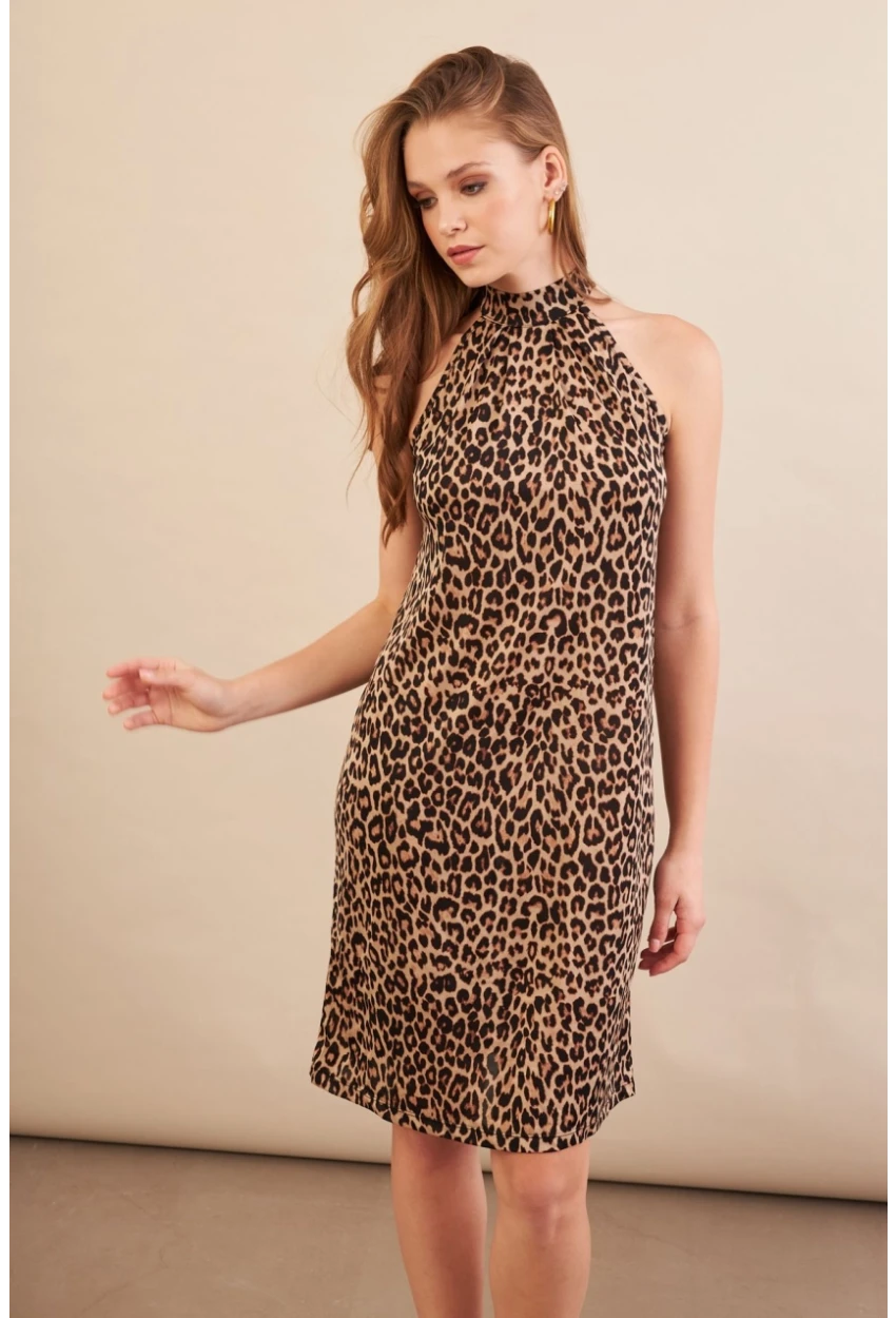 Kadın Camel-Siyah Halter Yaka Leopar Midi Elbise LPP1309