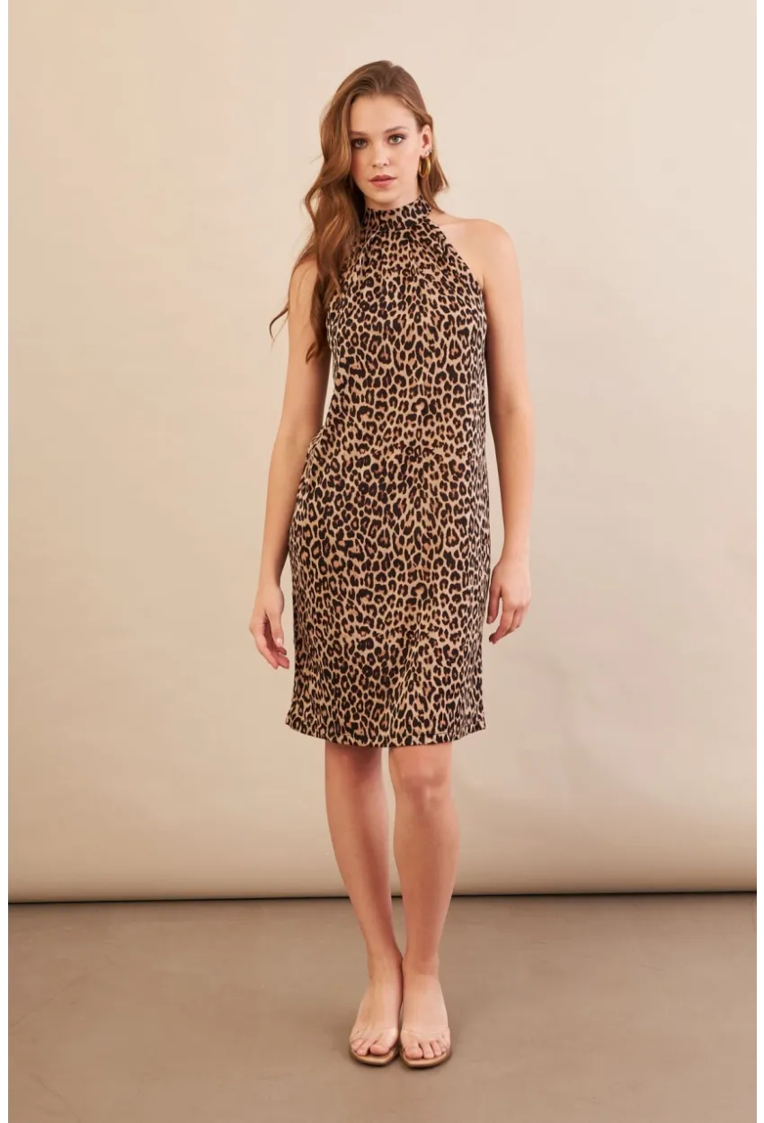 Kadın Camel-Siyah Halter Yaka Leopar Midi Elbise LPP1309