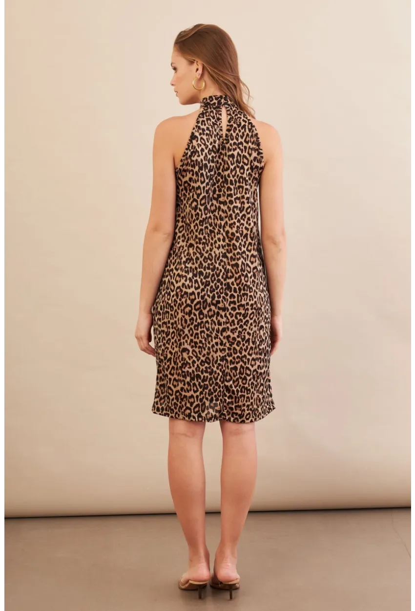 Kadın Camel-Siyah Halter Yaka Leopar Midi Elbise LPP1309