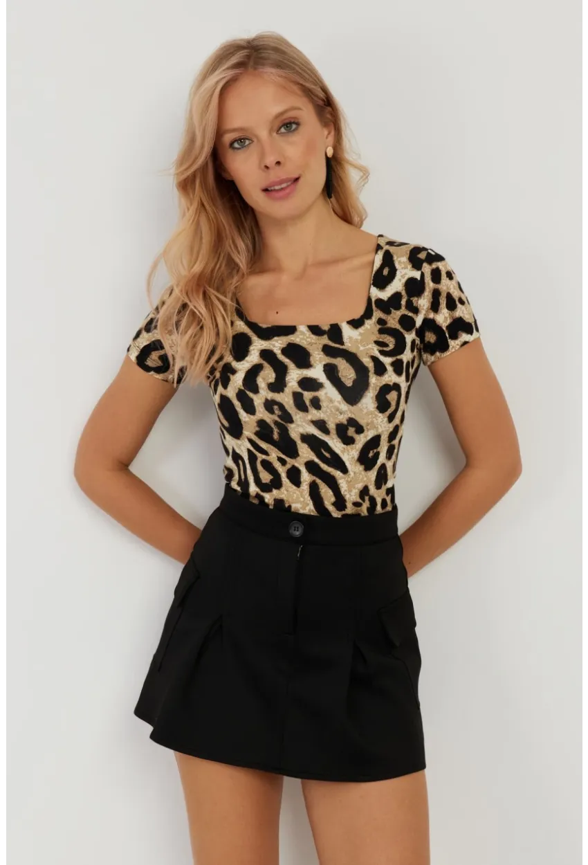 Kadın Camel-Siyah Kare Yaka Leopar Desenli Bluz LPP1258