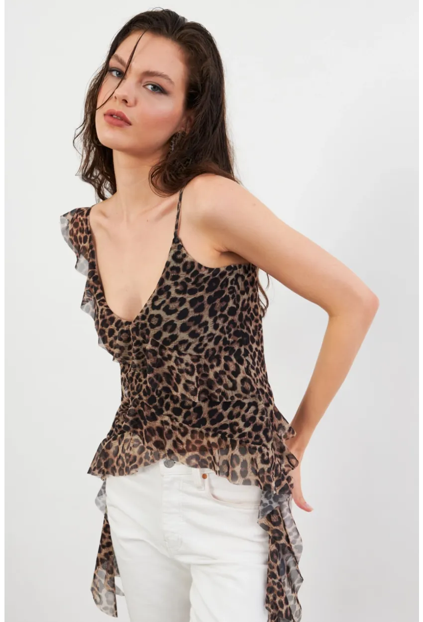 Kadın Camel-Siyah Leopar Desenli Fırfırlı Şifon Bluz FS033