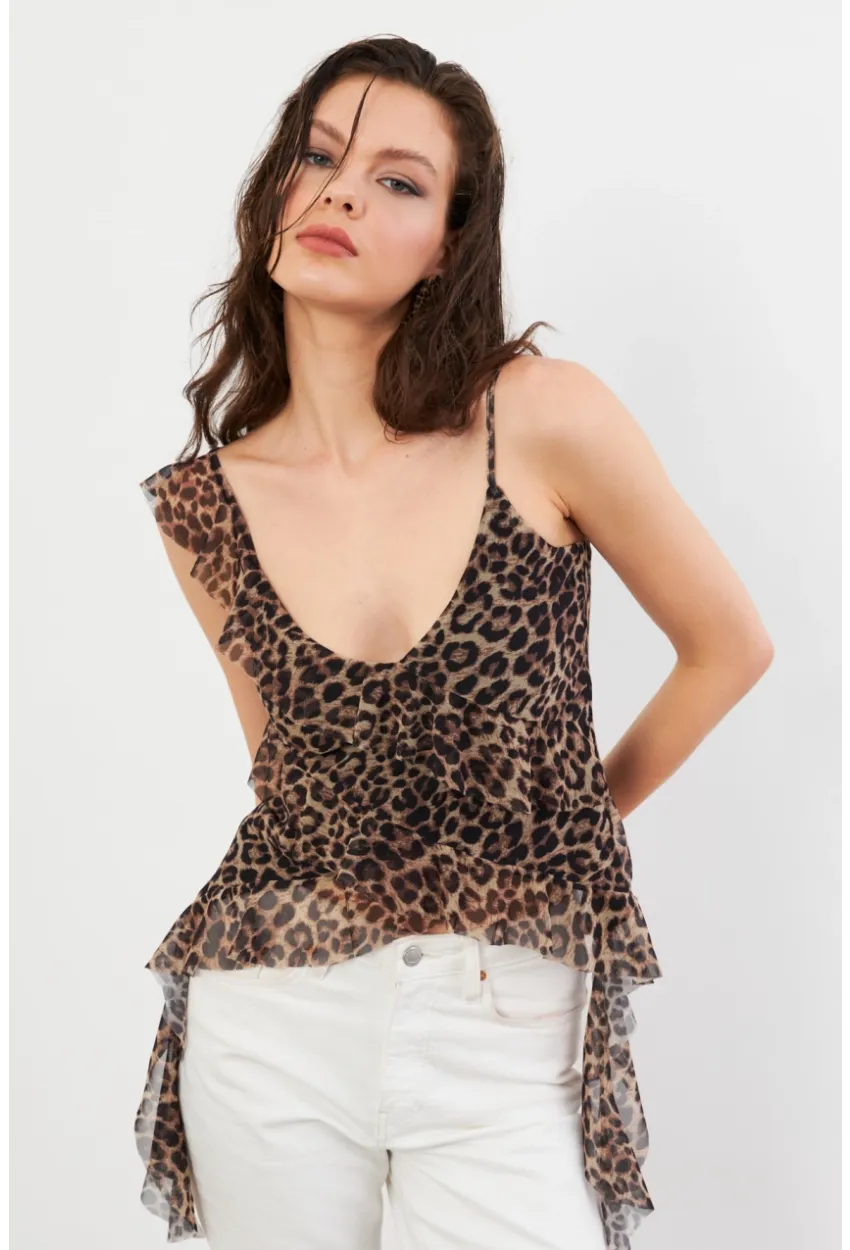 Kadın Camel-Siyah Leopar Desenli Fırfırlı Şifon Bluz FS033