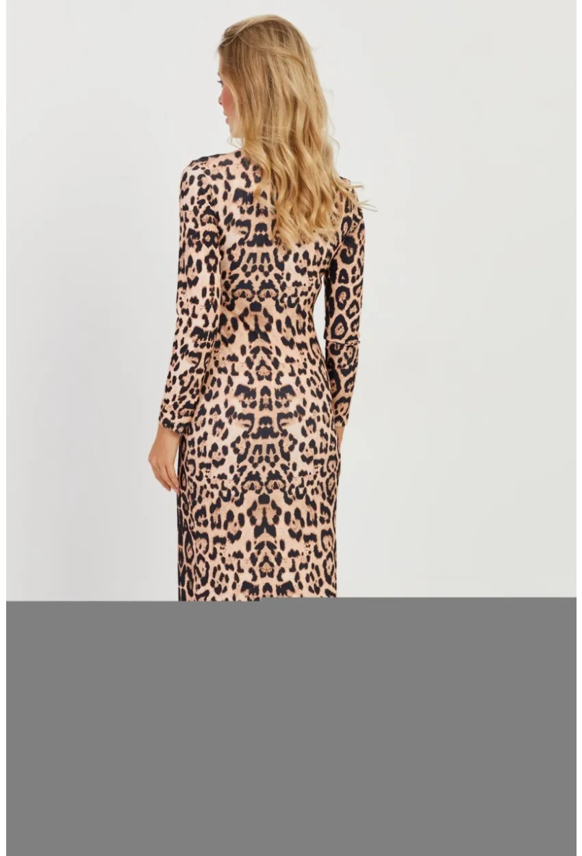 Kadın Camel-Siyah Leopar Maxi Elbise MON121