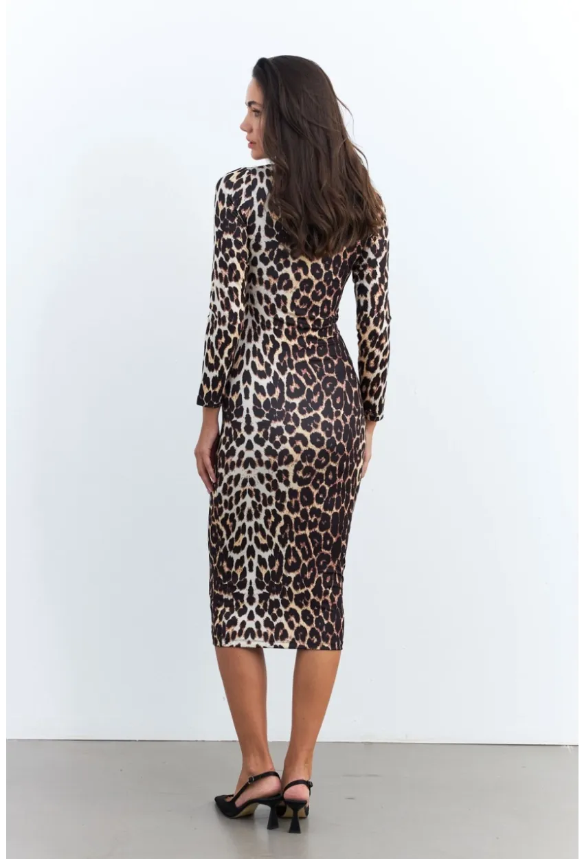 Kadın Camel-Siyah Leopar Midi Elbise RLO78
