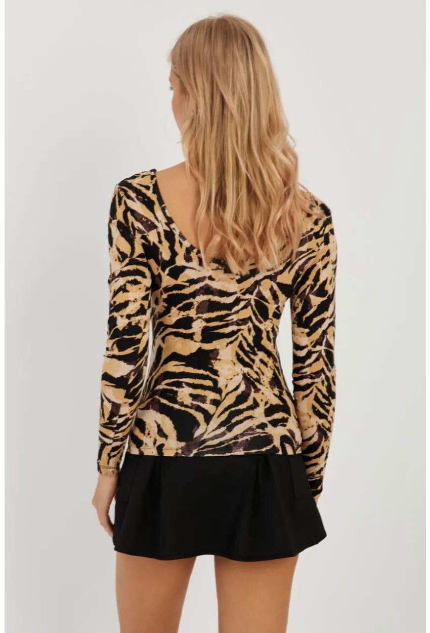 Kadın Camel-Siyah Ön Arka U Zebra Desenli Bluz LPP1266