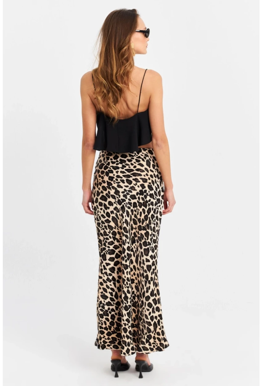 Kadın Camel-Siyah Saten Leopar Etek CAR2431